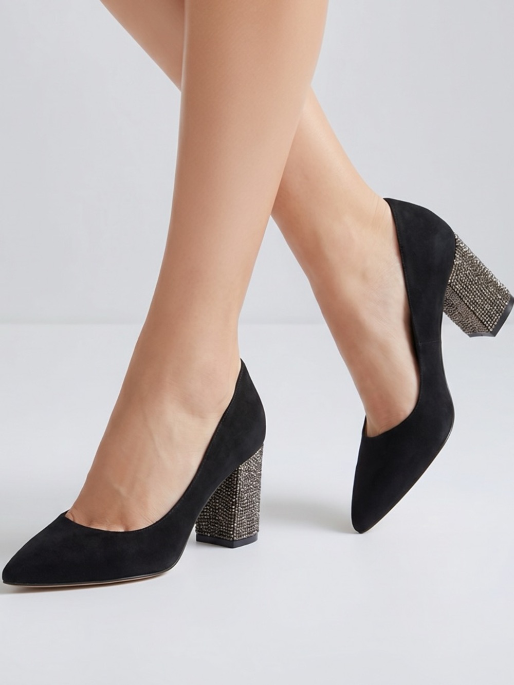 Karl Lagerfeld Paris Adina Black Suede Pointed Toe Block rhinestone heels sz 6.5